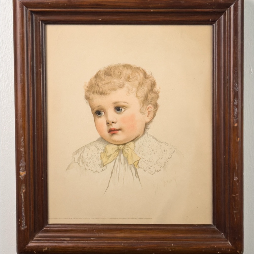 Antique 1884 Child Portrait Print by Ida Waugh - Original Frame